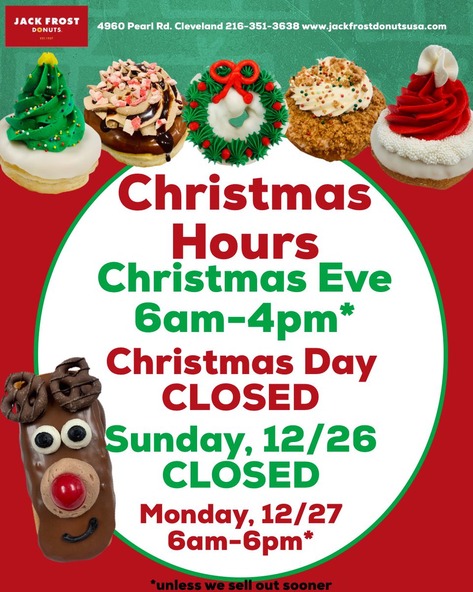 JackFrostDonuts's tweet photo. 🎄Christmas is in full swing at The Frost!🎄

🎅🏻Chocolate Peppermint Crunch
🎄Wreath
⭐️Gingerbread Cheesecake 
🤶Christmas Tree
🎅🏻Santa Hat
🎄Rudolph 

Available daily &amp; for pre-orders through Christmas Eve. Pre-orders can be placed in store or by calling 216-351-3638, 6am-6pm. https://t.co/d29eejotle