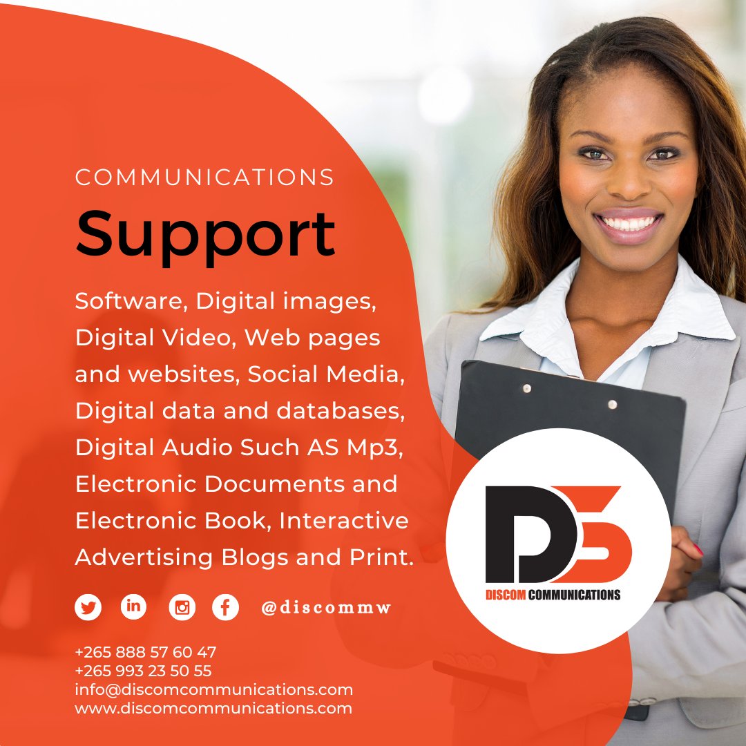 discomlimited's tweet photo. Communication support services 📚📲

Software, Digital images, Digital Video, Web pages and websites, social media, Digital data and databases, Digital Audio Such AS Mp3, Electronic Documents and Electronic Book, Interactive Advertising Blogs and Print.

#communication #discommw https://t.co/vBXUF9jBbD