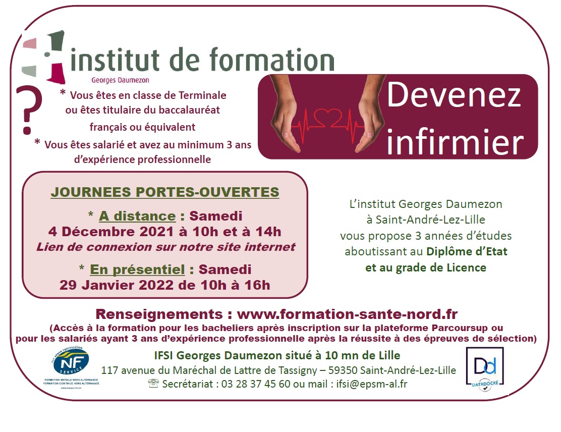 [Portes ouvertes]
➡ L'IFSI organise une journée portes ouvertes EN PRÉSENTIEL (sous réserve des contraintes sanitaires) le SAMEDI 29 JANVIER de 10h à 16h. 
Profitez-en pour visiter l'Institut ; vous renseigner sur la formation ; poser vos questions aux formateurs/étudiants...