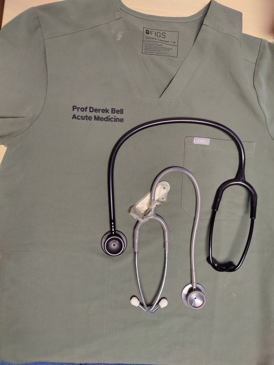 The last shift (or on-call in old parlance) after 42 + years of working as a doctor in the NHS  Stethoscope being hung up - the grey one was bought by my late gran when I was a student. Proud to have served.