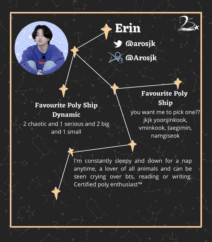 dulsetbtszine's tweet photo. Please give a warm welcome to the wonderful @arosjk! Not only is Erin our writers mod, she's also an incredible writer herself whose work you'll find in the Taehyung section of our SFW zine ✨ https://t.co/g6AeXJ7yxY