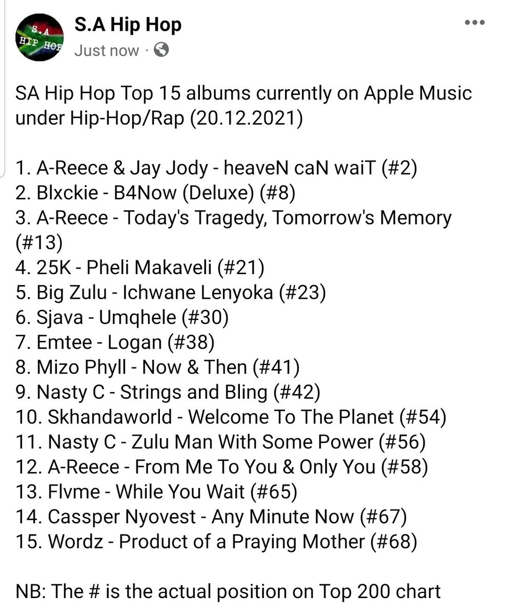 SA_HipHop_ZA's tweet photo. SA Hip Hop Top 15 albums currently on Apple Music under Hip-Hop/Rap (20.12.2021) https://t.co/RFiyYwRLQU