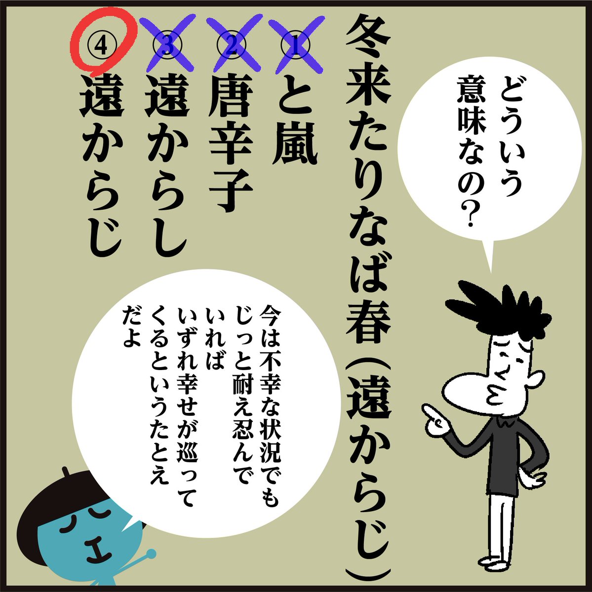 ⛄冬来たりなば春(????)

「寒い冬がやって来たという事は、暖かい冬はもうすぐであり遠くはない」～
「どんなに現在が辛くても、その先には明るい希望の日々が待っている」という意味ですね。

【🌅来年は皆様にとって明るく希望の年になりますように!】

#イラスト #漢字 #4コマ漫画 