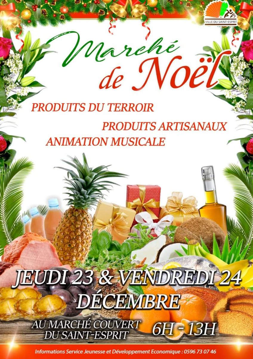 #NOËL2021
La Ville du Saint-Esprit organise son grand Marché de Noel, les jeudi 23 et vendredi 24 décembre 2021 au Marché Couvert.

De 6 h à 13 h, venez faire vos emplettes dans une ambiance musicale.
Infoline 👉 SJDE : 0596 73 07 46

#JMLESAINTESPRIT