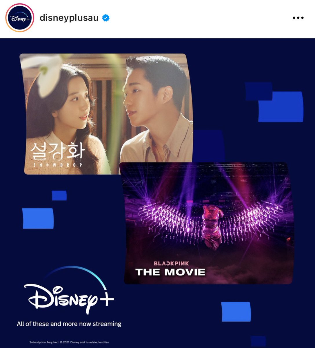 Snowdrop is now available on Disney+ Australia. 

“#Snowdrop and #BlackpinkTheMovie are now streaming on #DisneyPlus” 
🔗 instagram.com/p/CXsudFxsW5l/…

#설강화 #JISOO #지수 #블랙핑크지수