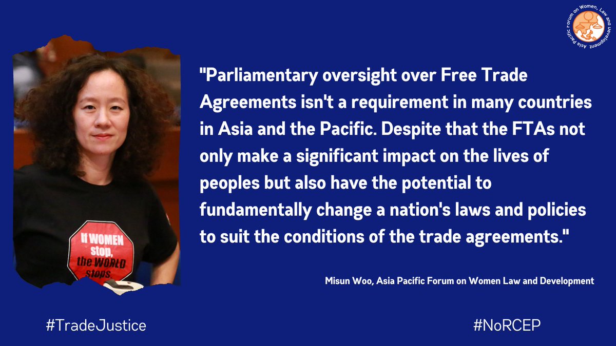 apwld's tweet photo. Trade agreements have immense impact on peoples’ lives, especially of women and most marginalised peoples in the developing world. At a recent APWLD roundtable, participants reflected on the urgent need for parliamentary oversight on #FTAs.
#NoRCEP #TradeJustice #NoFTAs https://t.co/VTnUeoFzFS