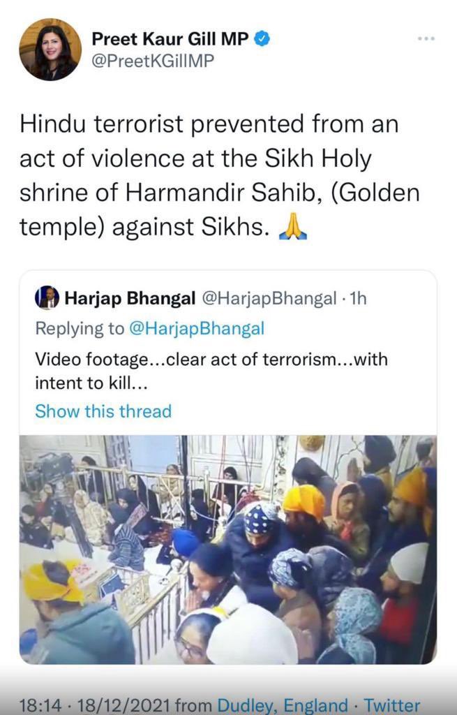 We condemn <a href="/UKLabour/">The Labour Party</a> MP Preet Gill for spreading misinformation &amp; fuelling hatred amongst Hindu &amp; Sikh communities within UK.
A man was lynched to death for attempted sacrilege in a Gurudwara in India &amp; case is under investigation.
She has since deleted her tweet due to backlash.