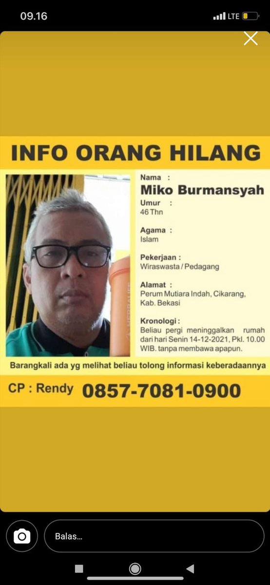 txtdrbekasi's tweet photo. info orang hilang beks, barangkali ada yang liat bisa langsung hubungin kontak tertera ya bekss https://t.co/Qhr4cIVOgL