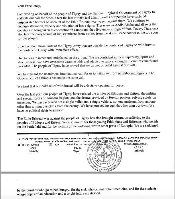 henokgabisa's tweet photo. Letter from Pre. Debretsion of Tigray to UN lays out a serious proposal for peace. Tigray’s withdrawal from Amhara &amp; Afar back to boarder of Tigray is a performed offer, showing readiness for ceasefire.

UN can support this by instituting Peacekeeping opn. b/n Tigray &amp; Ethiopia! https://t.co/pU1Q713rIx