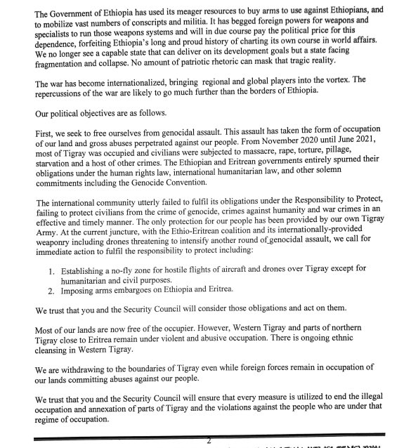 henokgabisa's tweet photo. Letter from Pre. Debretsion of Tigray to UN lays out a serious proposal for peace. Tigray’s withdrawal from Amhara &amp; Afar back to boarder of Tigray is a performed offer, showing readiness for ceasefire.

UN can support this by instituting Peacekeeping opn. b/n Tigray &amp; Ethiopia! https://t.co/pU1Q713rIx
