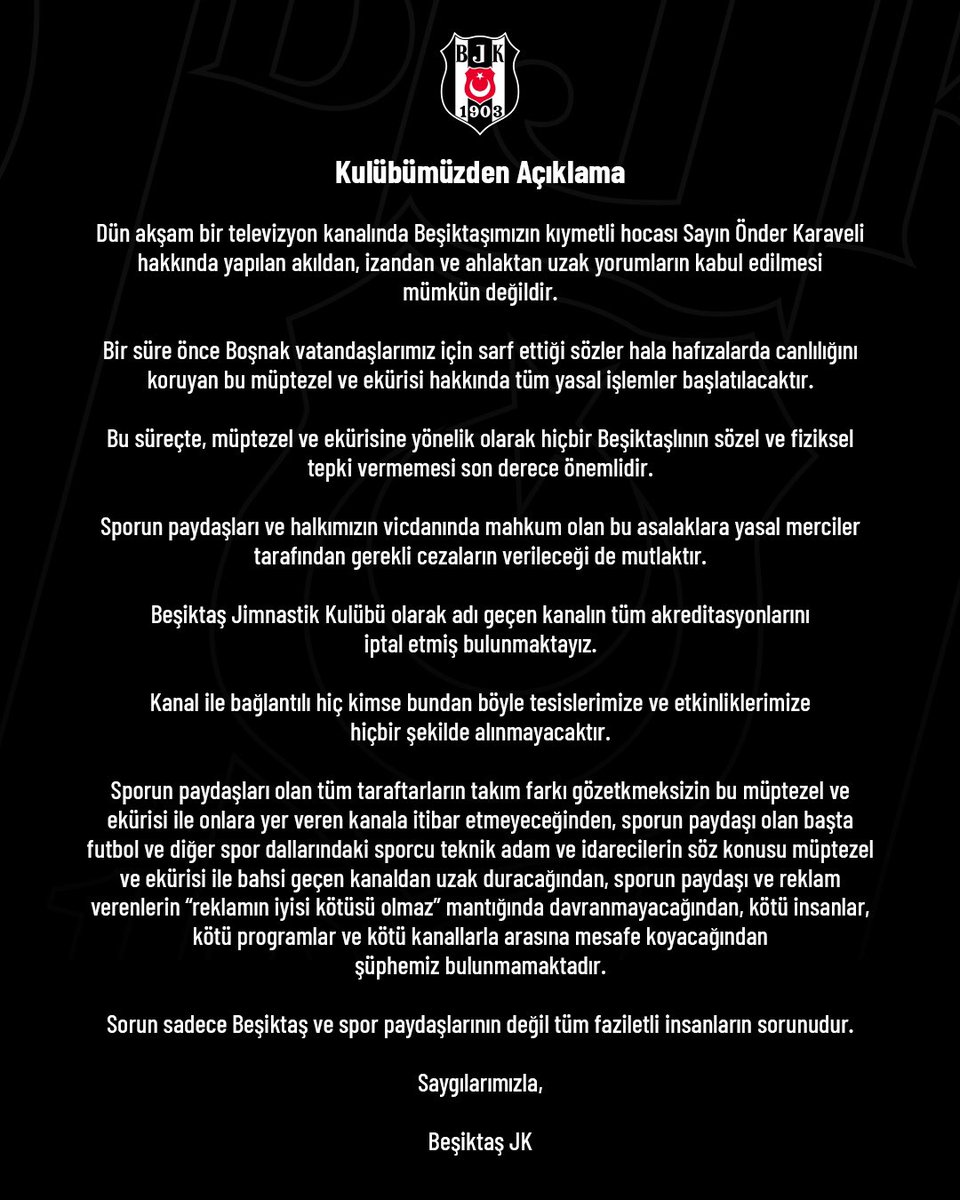Kulübümüzden Açıklama

Dün akşam bir televizyon kanalında Beşiktaşımızın kıymetli hocası Sayın Önder Karaveli hakkında yapılan akıldan, izandan ve ahlaktan uzak yorumların kabul edilmesi mümkün değildir.

Devamı için 👇🏻

🔗 bjk.com.tr/tr/haber/82464