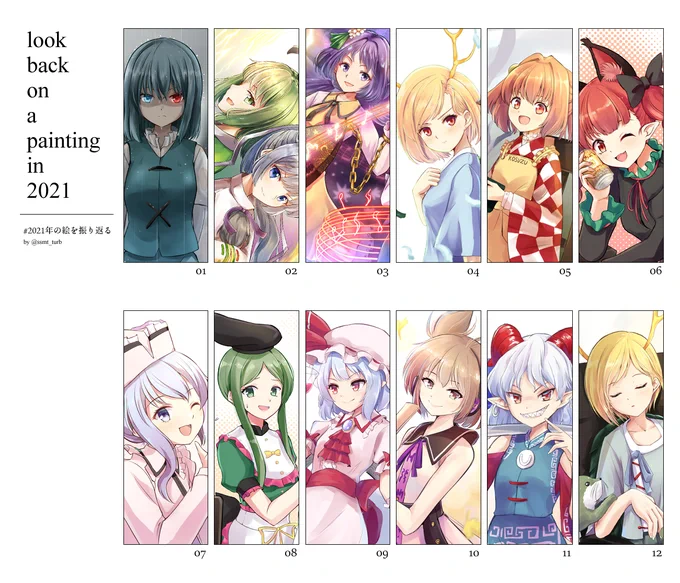 #2021年の絵を振り返る 
テンプレお借りしました。カレンダーみたいになる素敵なデザインですね。初めて12か月を埋められました。
主観ですが、並べると春夏頃の方が丁寧に描いている気がします…。 