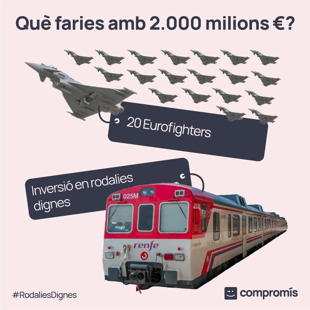 Compromis_fake's tweet photo. El govern de Pedro Sanchez s'ha gastat 2.000 millions d'euros en caces mentre que hi estem en un greu problema amb el rodalies i una pandèmia.
Ara et preguntem nosaltres, què faries amb 2.000 millions de €? #debatassum21 https://t.co/910fO2wvwt