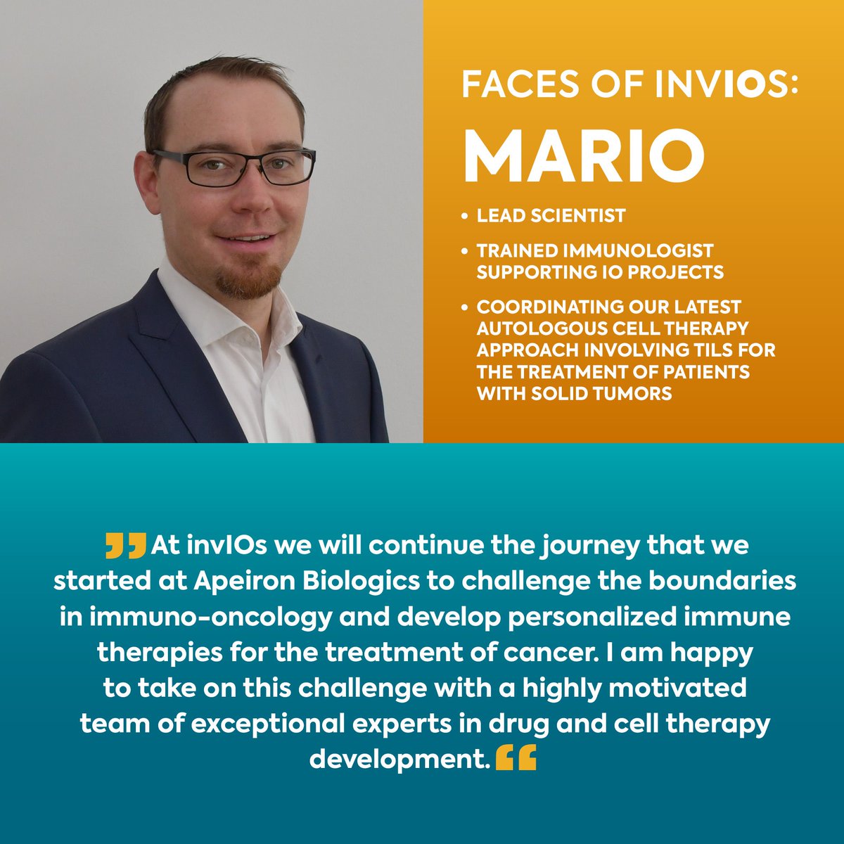 invIOs_com's tweet photo. Mario is Lead Scientist at invIOs and mainly responsible for INV441, our TILs project.

#team #cancerresearch #immunooncology #biotech #FacesOfInvios https://t.co/0xAMMlqiIS