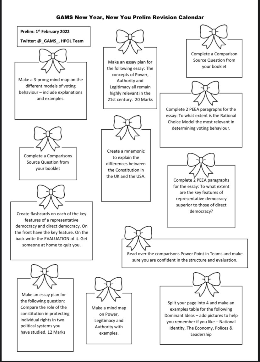 _GAMS_'s tweet photo. HIGHER POLITICS revision help sheet and present calendar - don’t say we aren’t good to you here at GAMS! All uploaded to teams and paper copies in class 🥳 #HPOL #ModernStudies @Grove_Academy @pcgroveacademy #DundeeLearning https://t.co/ganlYym7LE