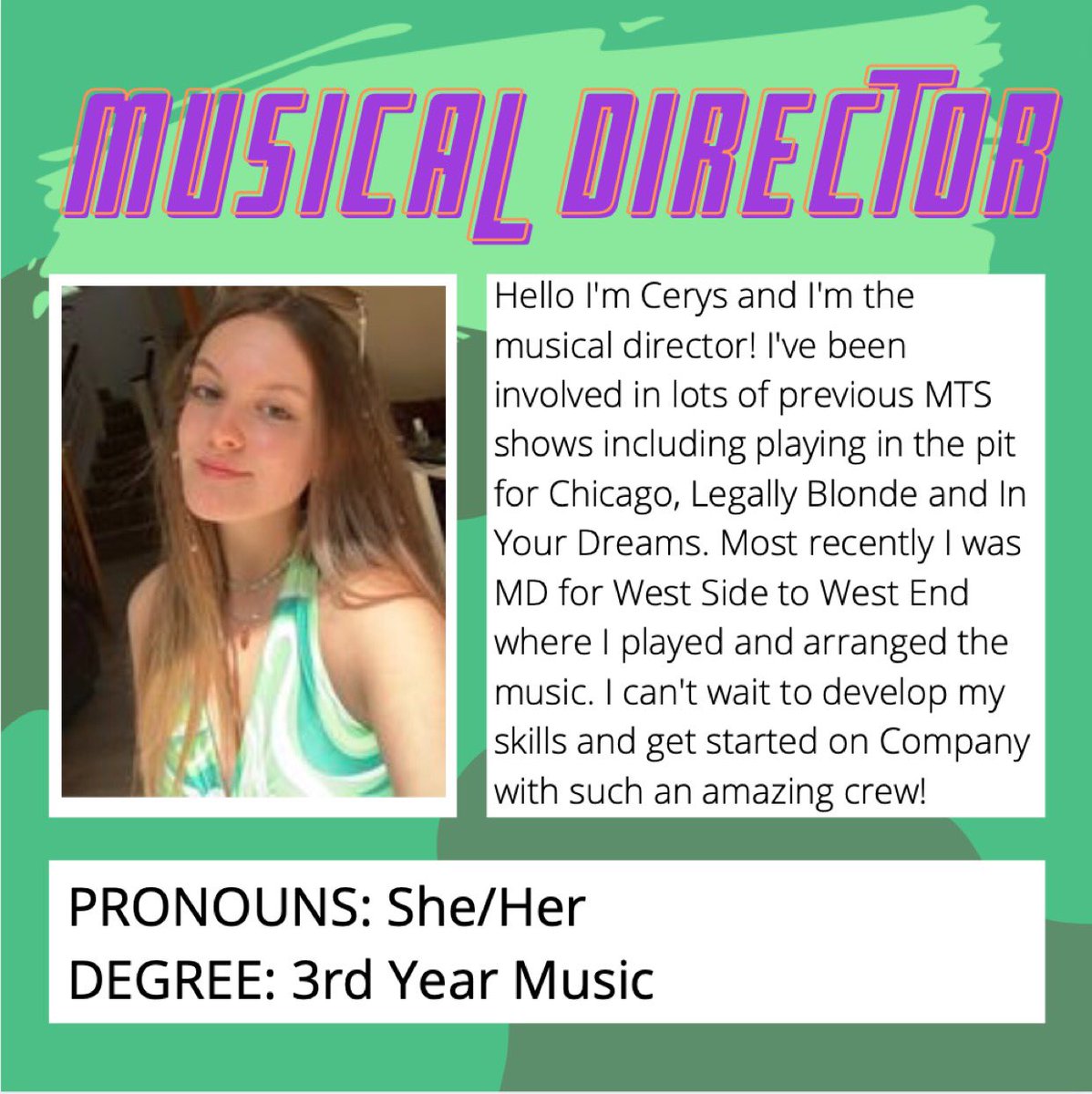 companymts_'s tweet photo. MEET THE CREW 💜 next up our insanely talented musical director Cerys Mckenna #mtscompany #londontheatre #companymusical https://t.co/rpoj48rDuE