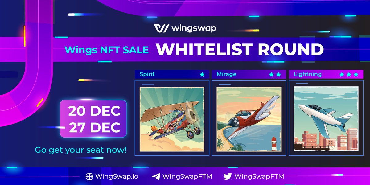 Details about WingSwap’s Wings NFTs Sale - Whitelist Round are here
Don’t miss this opportunity to get Wings NFTs with the best price!
Winners: 500 random participants and Top 100 referrals
Time: 20 - 27 Dec
PARTICIPATE: bitly.com.vn/n4rqu0
Read more:
wingswap.medium.com/4c906b32d489