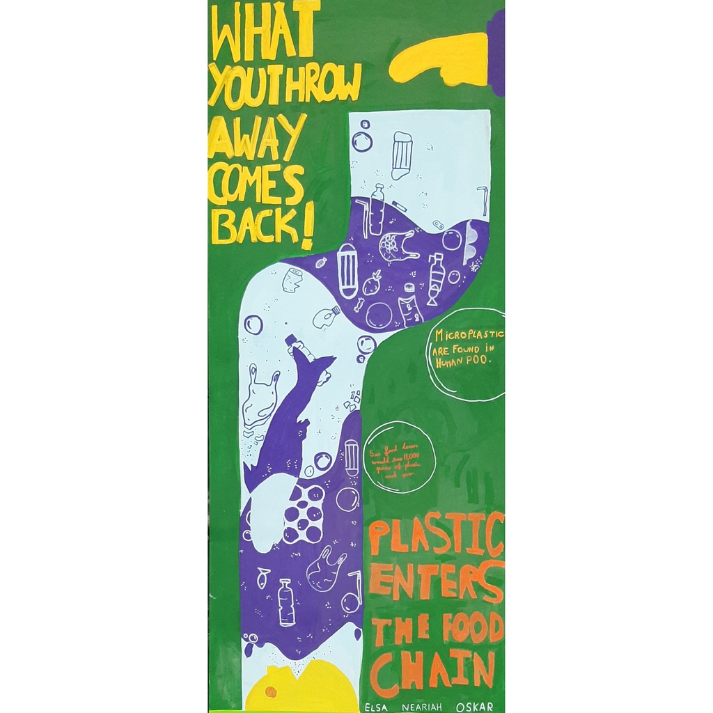 PlasticMountnWN's tweet photo. Plastic Enters the food chain

Mural by Elsa, Neriah and Oskar.

What you throw away comes back to you, the hand at the top is throwing away plastic that ends up in your diet.

microplastics are found in human poo!
seafood lovers eat 11,000 pieces of plastic a year https://t.co/NcP1g5irVf
