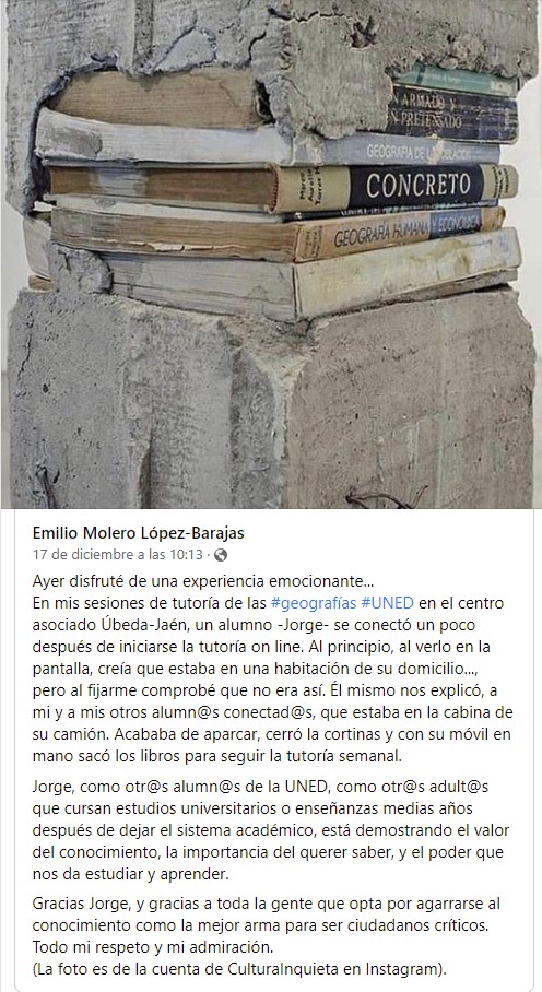 UnedJaen's tweet photo. El tutor del grado de Geografía e Historia Emilio Molero López-Barajas nos cuenta su experiencia de la última tutoría.
Enhorabuena a todos los "Jorges" de la #UNED 👏👏👏#muchomerito #dedicacionyesfuerzo https://t.co/lnWLhWgJ1l