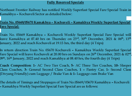GMSRailway's tweet photo. Kamakya - Kochuveli - Kamakya Weekly SF Special trains - Bookings open tomorrow (21st December 2021 ) from SR end
#SouthernRailway #SRUpdates https://t.co/FfoQ2zmhAp