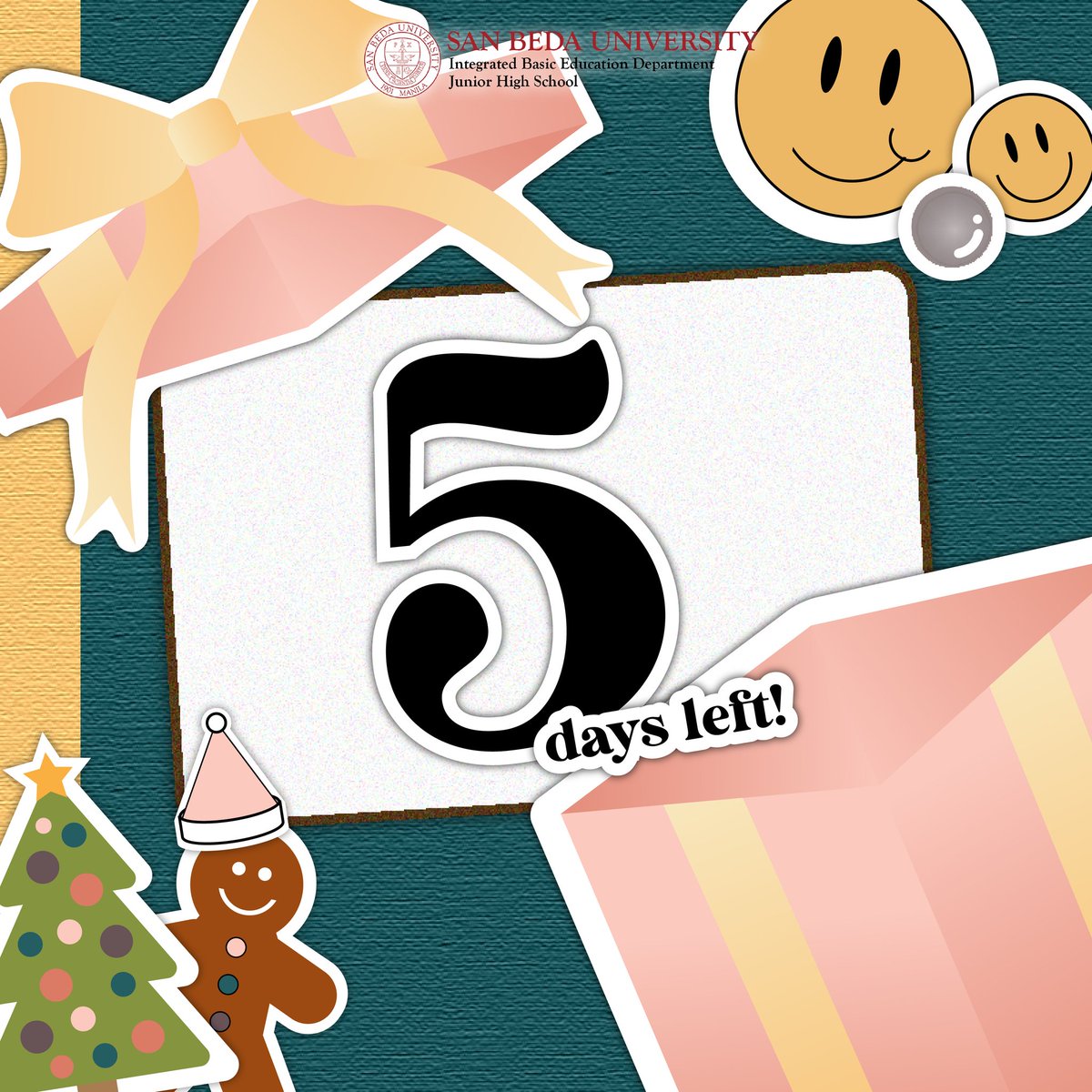 SBURjhsSC's tweet photo. Boy yeah, boy yeah, boy you know, you know I got the Christmas feels! 🎶💃

Let us know if you feel it too! Are you excited for Noche Buena? Or looking out for Santa? No worries, the wait is almost over, 5 DAYS LEFT BEDANS!

#paSCountdown
#BedistarNgPasko
#JHSStudentCouncil https://t.co/HcUvsxSV7U