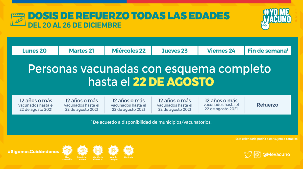 ChileAtiende's tweet photo. ¡Buenos días!🙋‍♀️🙋‍♂️ #YoMeVacuno 

¿Sabes cuándo debes vacunarte con tu #DosisDeRefuerzo contra el #COVID19? 💪💉

🧐Mira si te corresponde esta semana la tercera dosis y acércate al centro de vacunación más cercano.

Para más detalles del proceso👉https://t.co/LG7NasnAqs https://t.co/ki6twHJ1g9