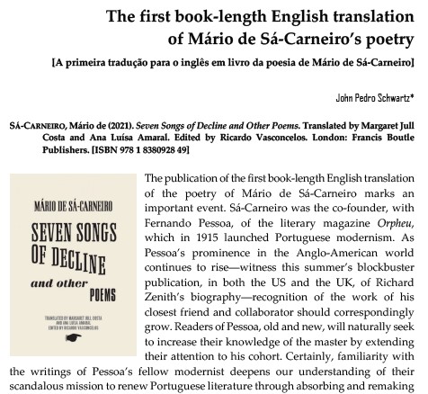 PessoaPlural's tweet photo. SCHWARTZ, John Pedro, "The first book-length English translation of Mário de Sá-Carneiro's poetry" (2021). Pessoa Plural―A Journal of Fernando Pessoa Studies, No. 20, Fall, pp. 458-467. Brown Digital Repository. Brown University Library. https://t.co/gOfbuXjKur https://t.co/MZRRWiRvh1