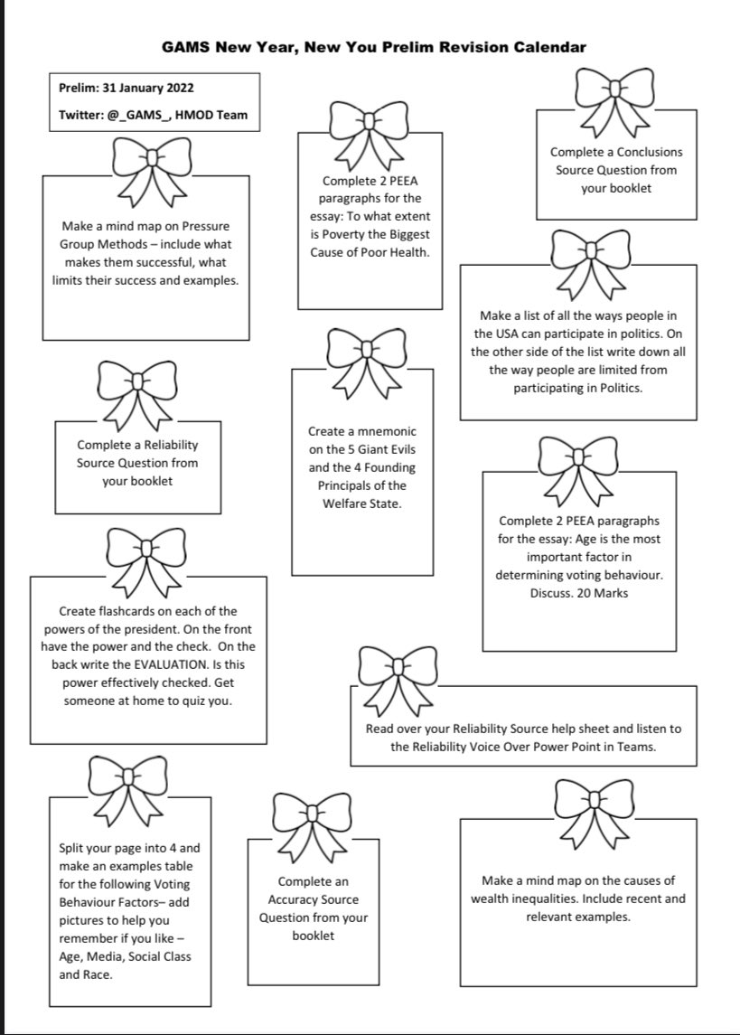 _GAMS_'s tweet photo. HIGHER MODERN STUDIES revision help sheet and present calendar - don’t say we aren’t good to you here at GAMS! All uploaded to teams and paper copies in class 🥳 #HIGHER #HMOD #ModernStudies @Grove_Academy @pcgroveacademy #DundeeLearning https://t.co/b59pU4Qjen