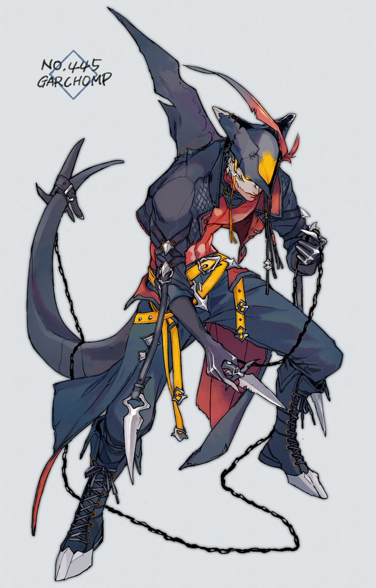 garchomp 1boy solo male focus holding personification tail chain  illustration images