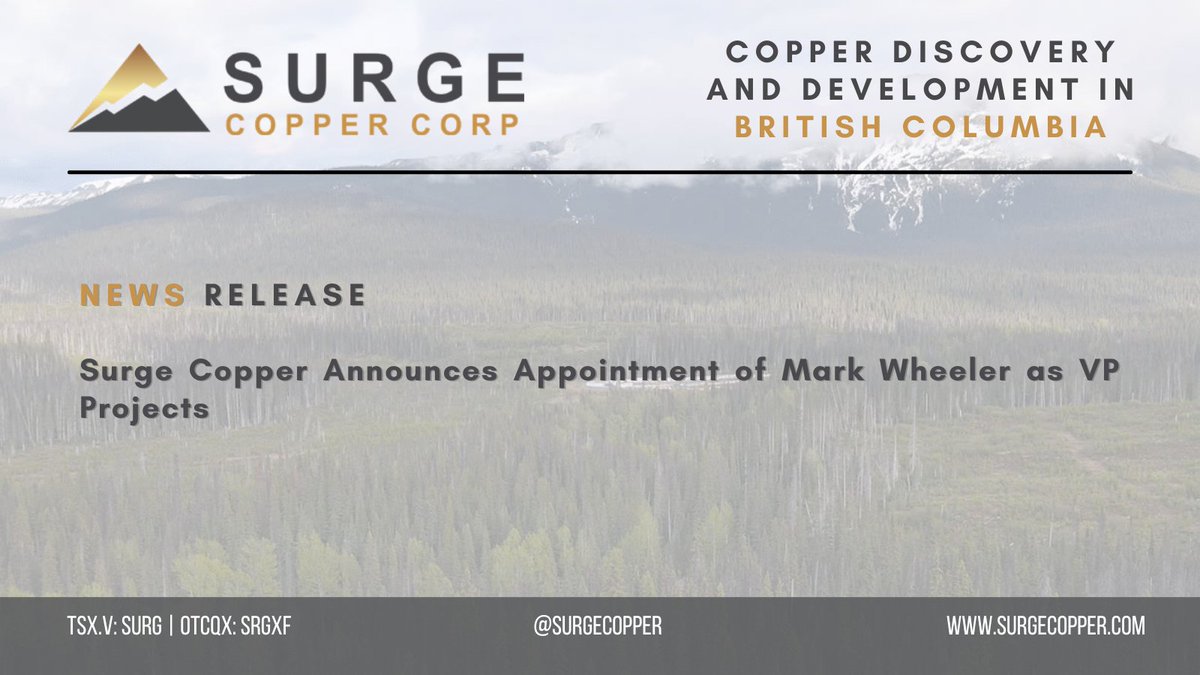 SurgeCopper's tweet photo. News Release | Surge Copper Announces Appointment of Mark Wheeler as VP Projects
#Copper #Exploration #BCCopper $SURG $SURG.V $SRGXF
https://t.co/yr0tbzFZFs https://t.co/ARDH1crqcd