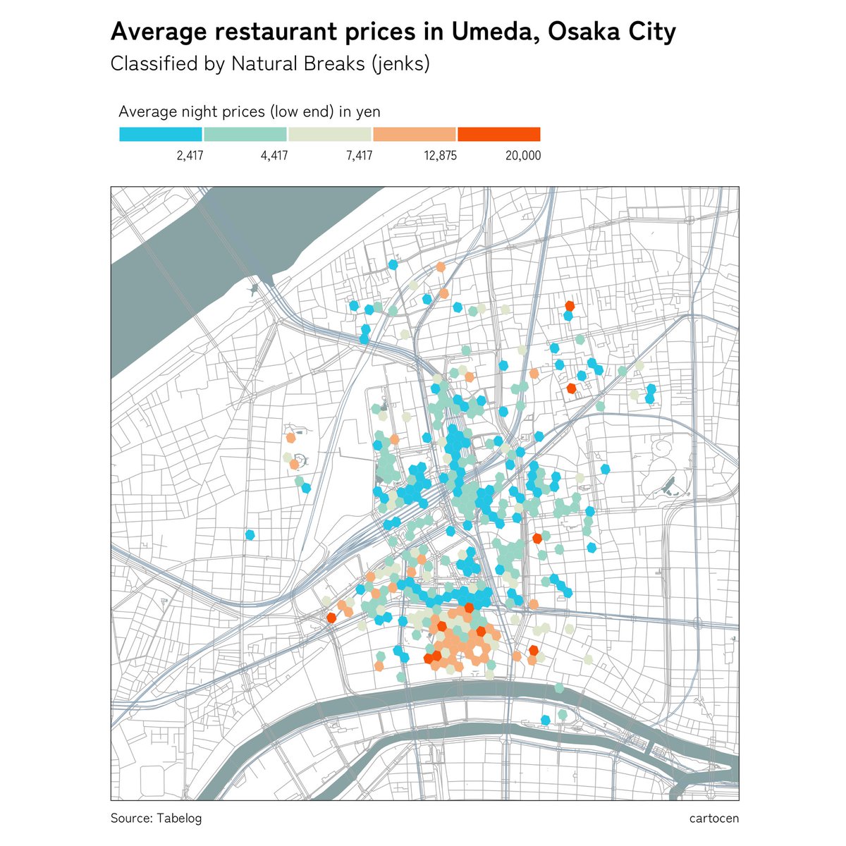 cartocen's tweet photo. Average restaurant night prices in Umeda, Osaka. The data is from Tabelog, a popular food blog in Japan. The area shown in the map is around Osaka-Umeda station in Kita-ku. The higher priced ones are in Dojima.

#maps #DataViz #DataScience #rstats #地図 #地理 https://t.co/87UJyucG1j
