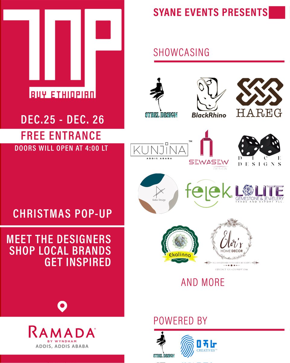 AsharaCreatives's tweet photo. ገበያ - Buy Ethiopian

Ashara Creatives in collaboration with Syane events is organizing a Christmas pop-up "ገበያ" on Saturday and Sunday, 25th - 26th December 2021 at Ramada Hotel. The event will be featuring over 15 local brands. https://t.co/l7j3v16UYj