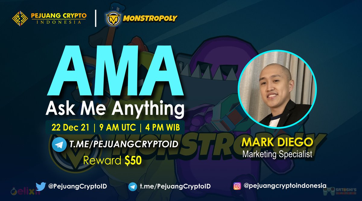 Hello, Crypto Warrior!

We will be hosting an AMA session with 
@MONSTROPOLYgg 

🗓 Wednesday, 22 December 2021
⏲️9 AM UTC / 4 PM WIB
🏠t.me/PejuangCryptoID
💰50 USD

Let's Join Us!
#Monstropoly #AMA #PejuangCryptoID