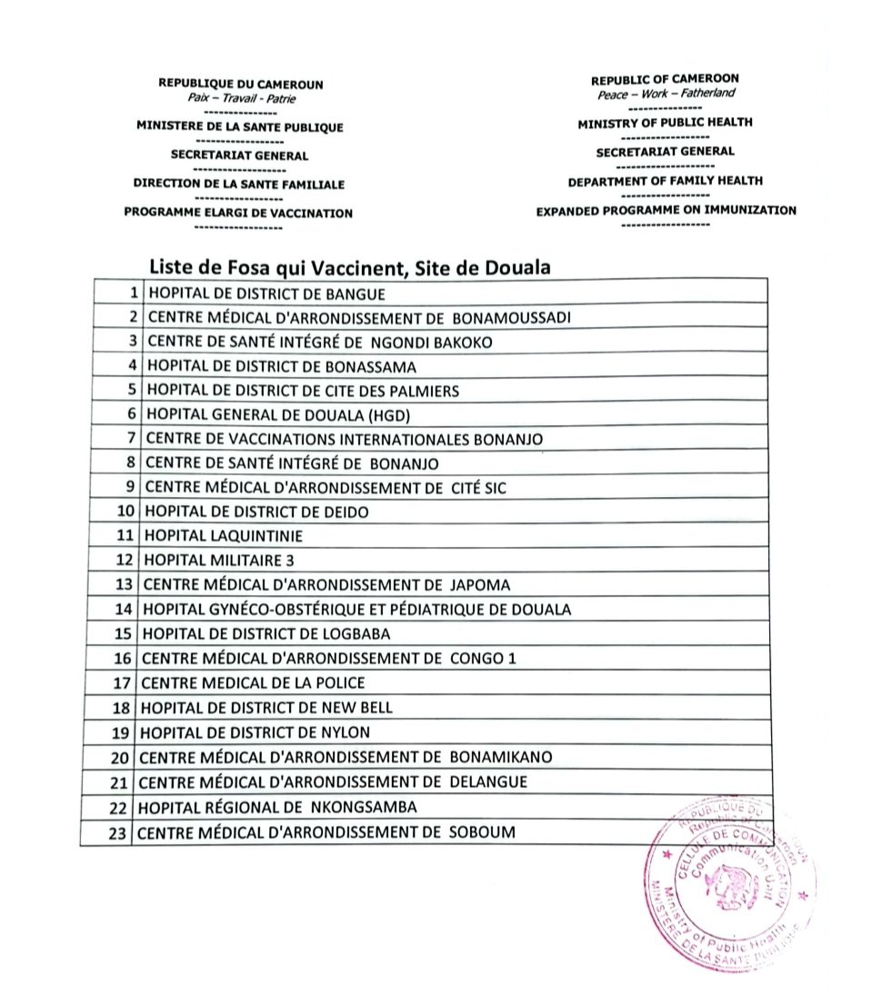 le_4eme_pouvoir's tweet photo. Liste des 136 sites médicaux où seront effectués la campagne de vaccination dans le cadre de la #TotalEnergiesAFCON2021 ⚽🇨🇲🌍 dévoilée par le @MinsanteCMR. Les villes de #Douala, #Yaoundé, #Bafoussam, #Limbé, #Buéa, #Garoua choisies dans ce sillage @NCoVAfrica @Covid19CM https://t.co/iQ9arpQjPX