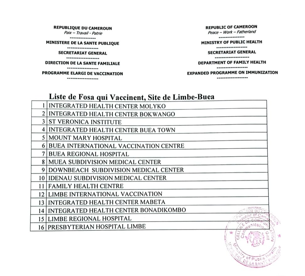 Liste des 136 sites médicaux où seront effectués la campagne de vaccination dans le cadre de la #TotalEnergiesAFCON2021 ⚽🇨🇲🌍 dévoilée par le <a href="/MinsanteCMR/">MinsanteCameroun</a>. Les villes de #Douala, #Yaoundé, #Bafoussam, #Limbé, #Buéa, #Garoua choisies dans ce sillage @NCoVAfrica <a href="/Covid19CM/">Covid19.CM 🇨🇲</a>