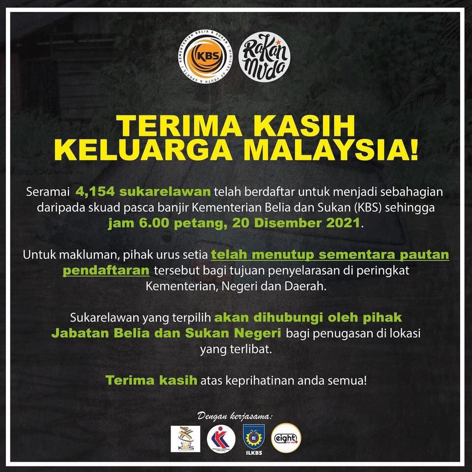 redcodegenx's tweet image. 4,154 sukarelawan telah berdaftar sehingga 6.00 pm tadi. Pautan pendaftaran ditutup buat sementara waktu bagi tujuan penyelarasan.

Mereka yang terpilih akan dihubungi oleh Jabatan Belia dan Sukan Negeri. Moga usaha ini sedikit sebanyak membantu mereka yang ditimpa musibah banjir