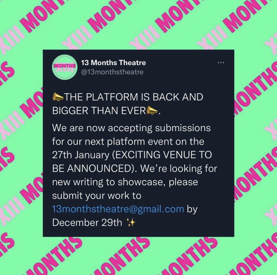 Trinity Laban MT (@trinitylabanmt) on Twitter photo What an incredibly exciting opportunity founded by our very own Third Years at Trinity Laban who are now opening up to new writers to submit their work to be showcased🤩
If you have any pieces to showcase, send your submissions to:
13monthstheatre@gmail.com
<a href="/13monthstheatre/">13 Months Theatre</a> What an incredibly exciting opportunity founded by our very own Third Years at Trinity Laban who are now opening up to new writers to submit their work to be showcased🤩
If you have any pieces to showcase, send your submissions to:
13monthstheatre@gmail.com
<a href="/13monthstheatre/">13 Months Theatre</a>