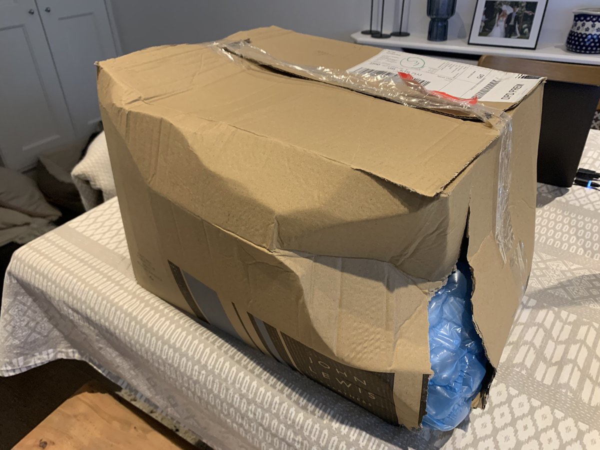 Joshyboy62's tweet photo. @JohnLewisRetail I’d like to complain about the state of an order I just received. I paid for next day special delivery. Luckily no damage but this is not what I would expect from JL. Delivery by DPD was originally missed this morning (although the doorbell wasn’t tried…) https://t.co/e00FysZFpb