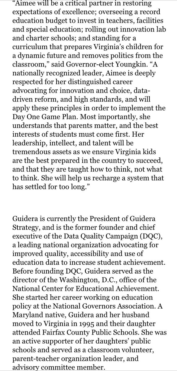 AnthonyTVNews's tweet image. 🚨NEW THIS MORNING: Governor-Elect @GlennYoungkin has chosen Aimee Rogstad Guidera to serve as the next Secretary of Education. She is currently the President of Guidera Strategy, and the former founder and chief executive of the Data Quality Campaign. @NBC12 

Pic: LinkedIn