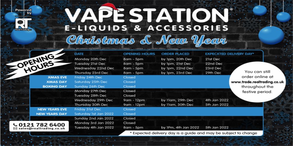 _vapestation's tweet photo. Guys! Our opening hours over the #Christmas and #NewYear period are as follows! 👇

If you want to place an order with us, make sure you get it done in time for it to be sent out! 😊

Call: 0121 782 6400

#VapeStation #Orders #OpeningHours https://t.co/YjvkHrQ4WG