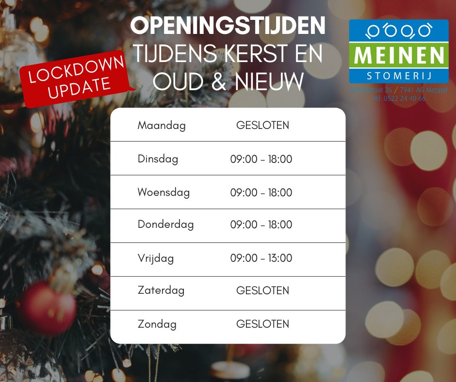 In verband met kerst en oud en nieuw hebben we gewijzigde openingstijden: