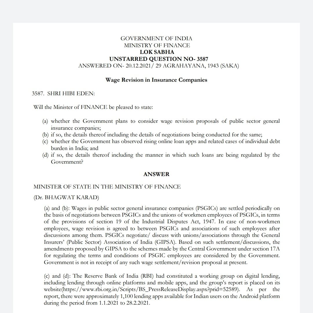anuragshah_'s tweet photo. Reply by MoS Finance @DrBhagwatKarad in Loksabha regarding Govt Plan of Wage Revision in General insurance companies. 

"Government is not in receipt 🧾 of any such wage settelment/revision proposal at Present" 

#GIPSAWAGEREVISION
@pldontbeupset
@DFS_India 
@FinMinIndia https://t.co/w00cEuEyct