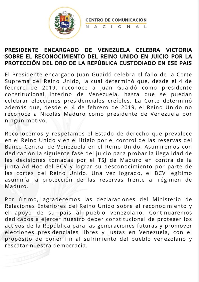 leopoldolopez's tweet photo. El gobierno legítimo de @jguaido ganó el juicio a la dictadura, que pretendía robarse el oro de la República para seguir destruyendo y saqueando a #Venezuela.

Las reservas del país seguirán resguardadas en el Reino Unido. https://t.co/jFnxqijwnu