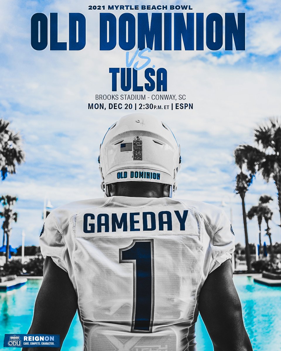 ODUFootball's tweet photo. 𝐈𝐓'𝐒 𝐆𝐀𝐌𝐄𝐃𝐀𝐘!!! 

⏱️: Monday, Dec. 20 • 2:30 p.m.
📺: ESPN
🎙️: @ODUSports Radio Network
📍: Conway, S.C. • Brooks Stadium

#ReignOn | @MBBowlGame https://t.co/ZE8FHx8RUS