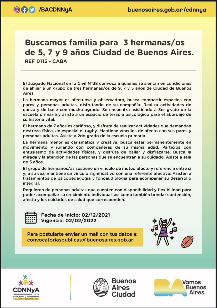 🔴 3 hermanos de  de 5, 7 y 9 años buscan tener su familia🔴
 convocatoriaspublicas@buenosaires.gob.ar 

🇦🇷👉🏿 Pueden escribir de todas partes del pais👈🏿🇦🇷