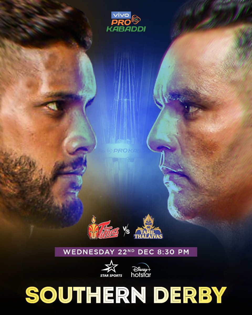 Purani rivalry...naya Panga ⚔️

<a href="/Telugu_Titans/">Telugu Titans</a> to battle <a href="/tamilthalaivas/">Tamil Thalaivas</a> in the latest rendition of Southern Derby in another #SuperHitPanga epic! 🔥

⏰: Wednesday, 8:30 PM onwards
📺: Star Sports Network &amp; Disney+Hotstar
🔗: prokabaddi.com