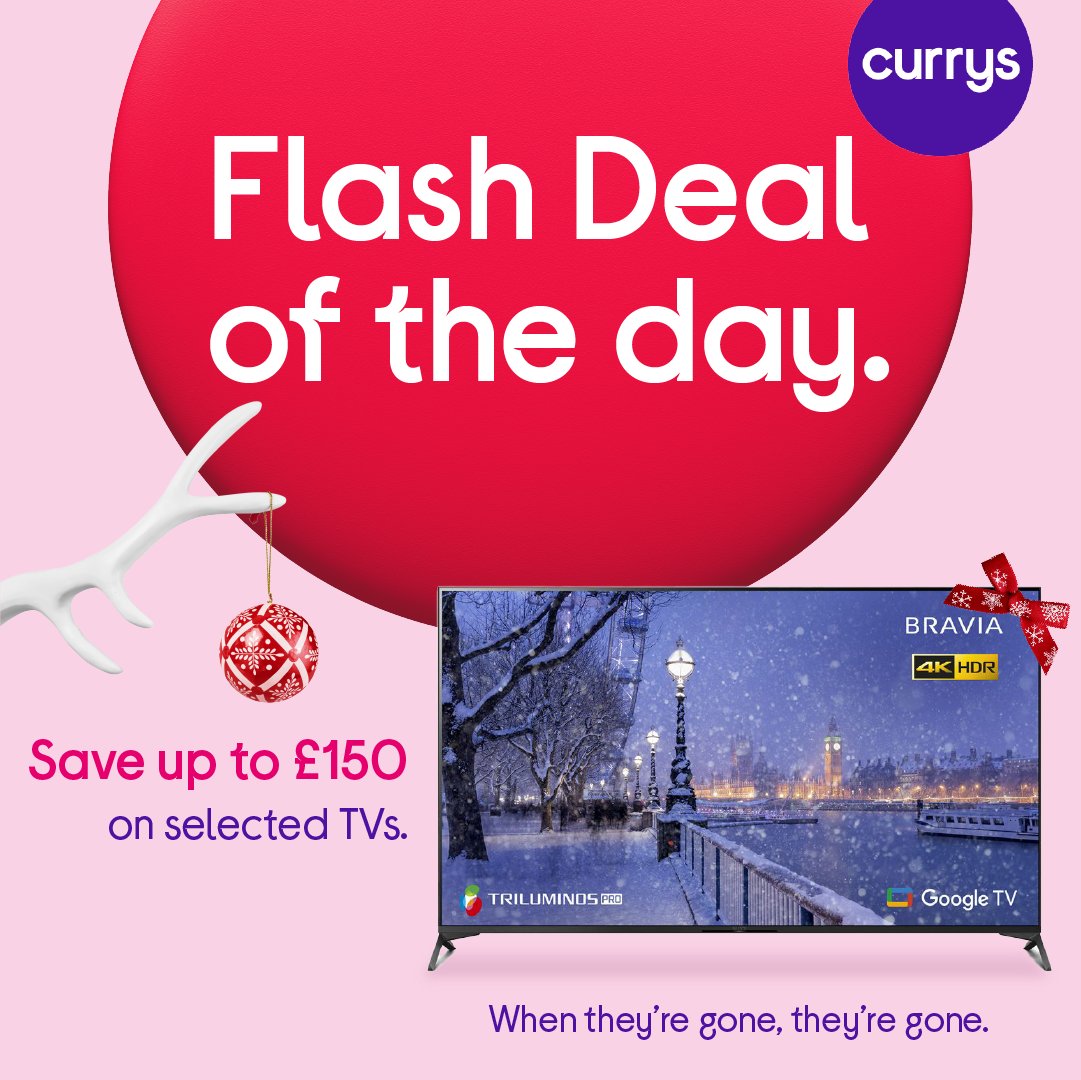 currys's tweet photo. 🚨 FLASH DEAL ALERT 🚨 

We are well and truly spoiling you. 😋 Coming at you with another flash deal, this time save up to £150 on selected TVs. 📺 

Shop now 👉 https://t.co/EZdRMWWVGR https://t.co/RrIxAtjEjf