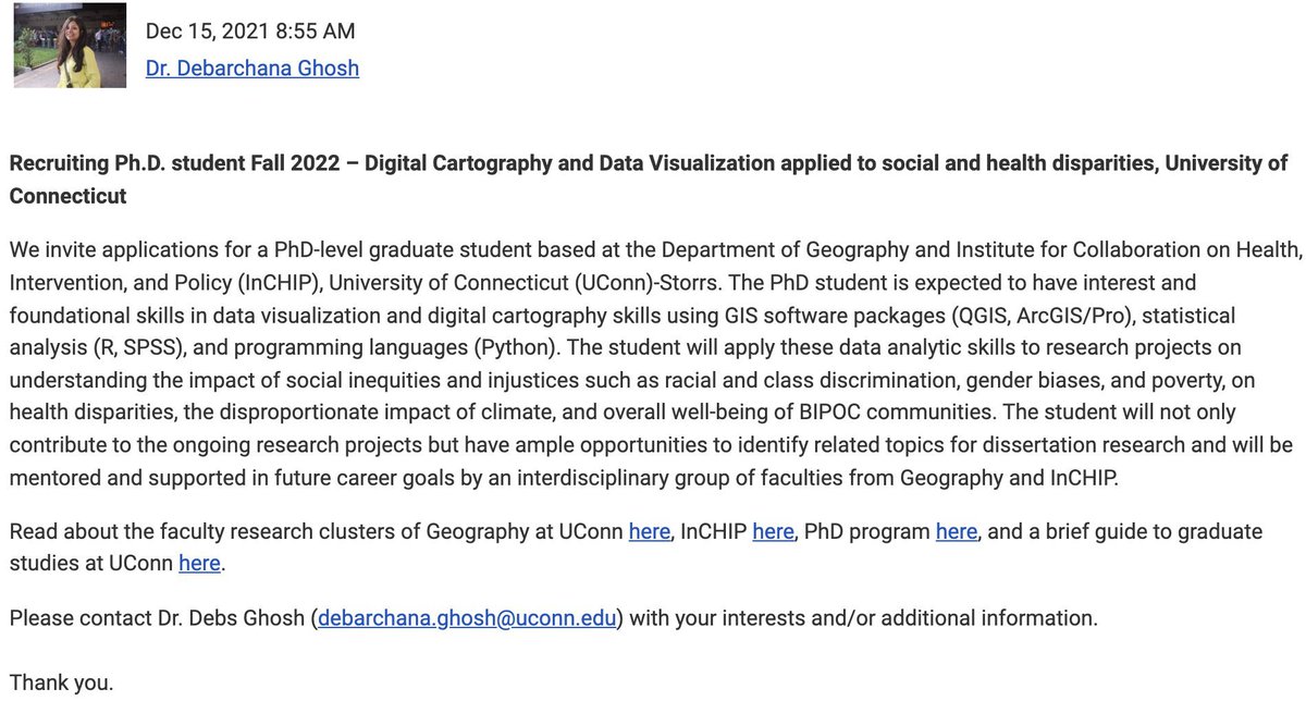 Hiring Ph.D. Student Fall 2022 – Digital Cartography and Data Visualization applied to social and health disparities, University of Connecticut. If interested and want to know more, contact at debarchana.ghosh@uconn.edu.