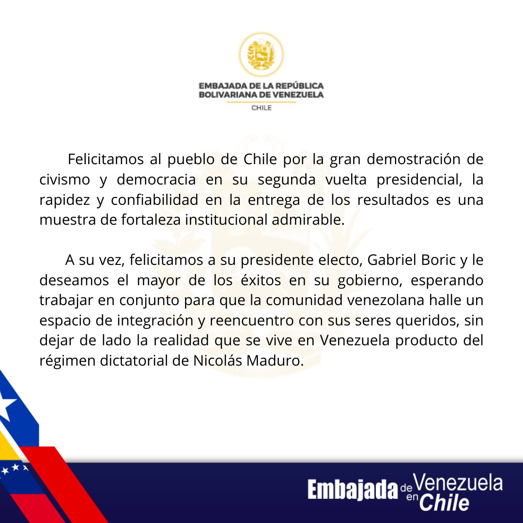 EmbajadaVE_CL's tweet photo. Nuestras felicitaciones al pueblo chileno, a sus instituciones y al presidente electo. https://t.co/7sapW7E1kt