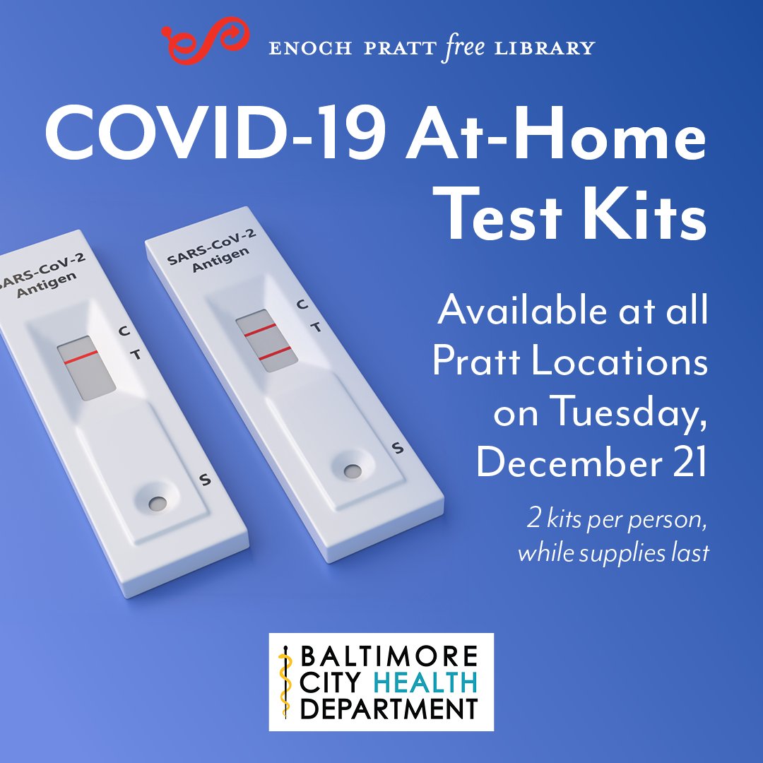 COVID-19 At-Home Test Kits will be available at Pratt locations tomorrow, December 21. Branches open from 10am-5:30pm. 2 kits per person, while supplies last! <a href="/BMore_Healthy/">Baltimore City Health Department (BCHD)</a>